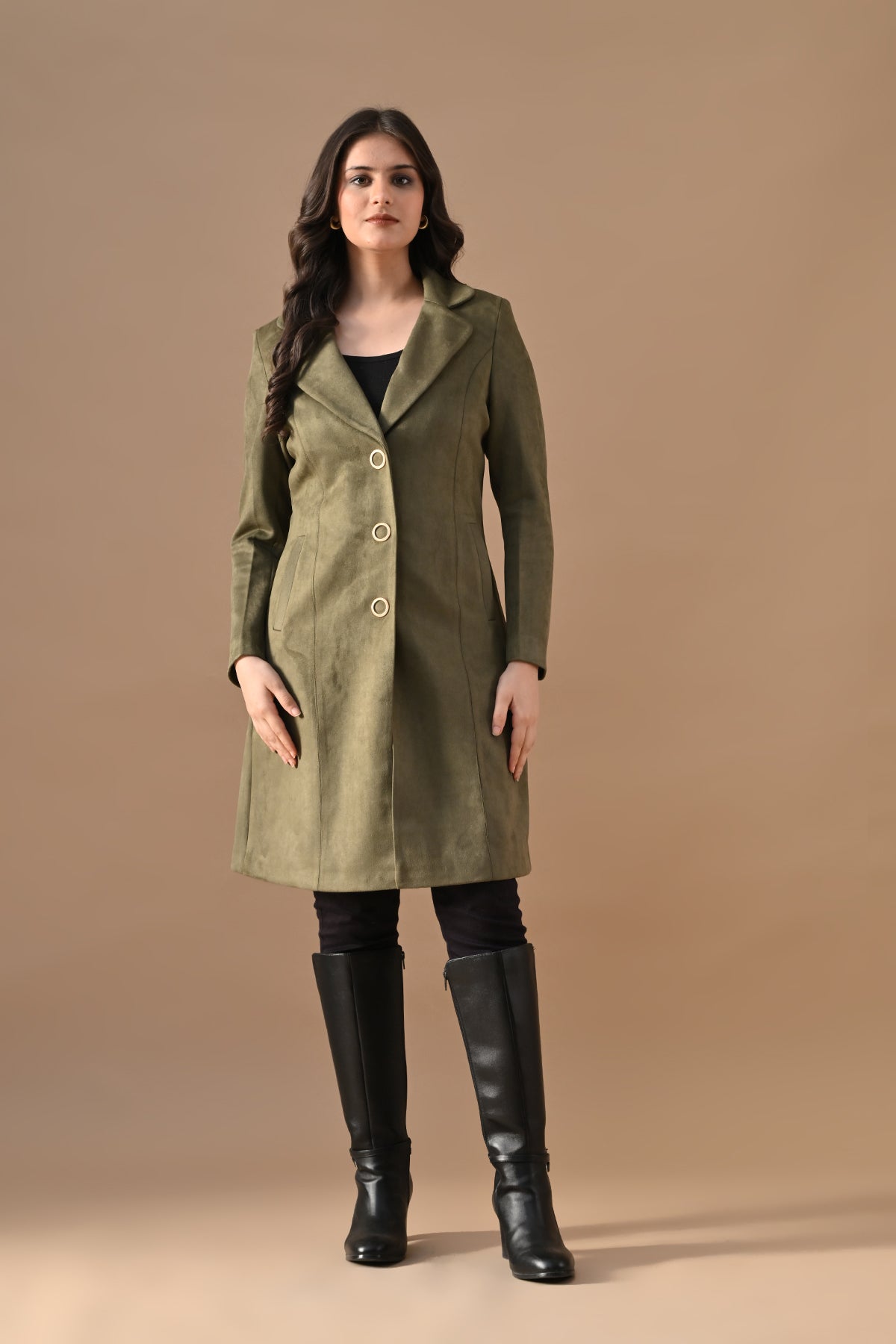 Winter Green Solid Classic Notch Collar Neck Overcoat