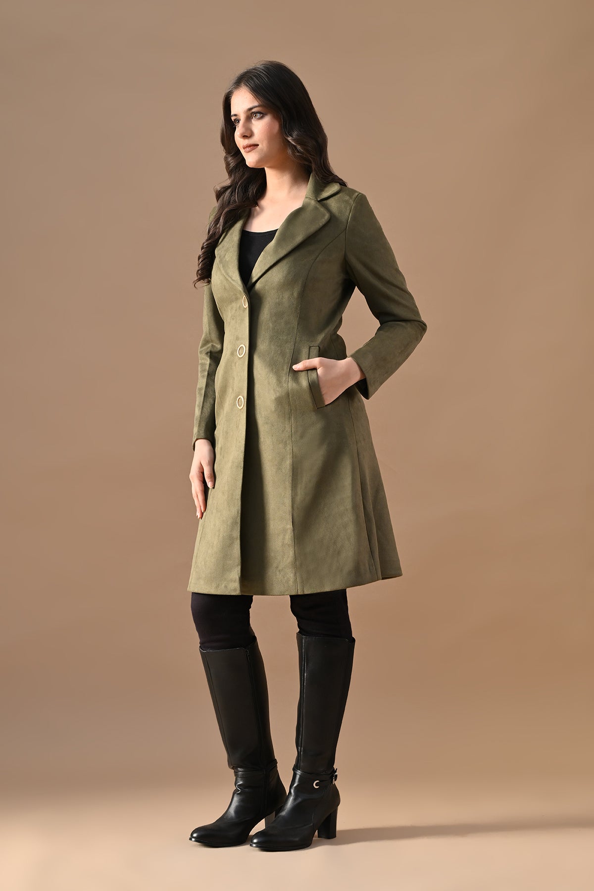 Winter Green Solid Classic Notch Collar Neck Overcoat