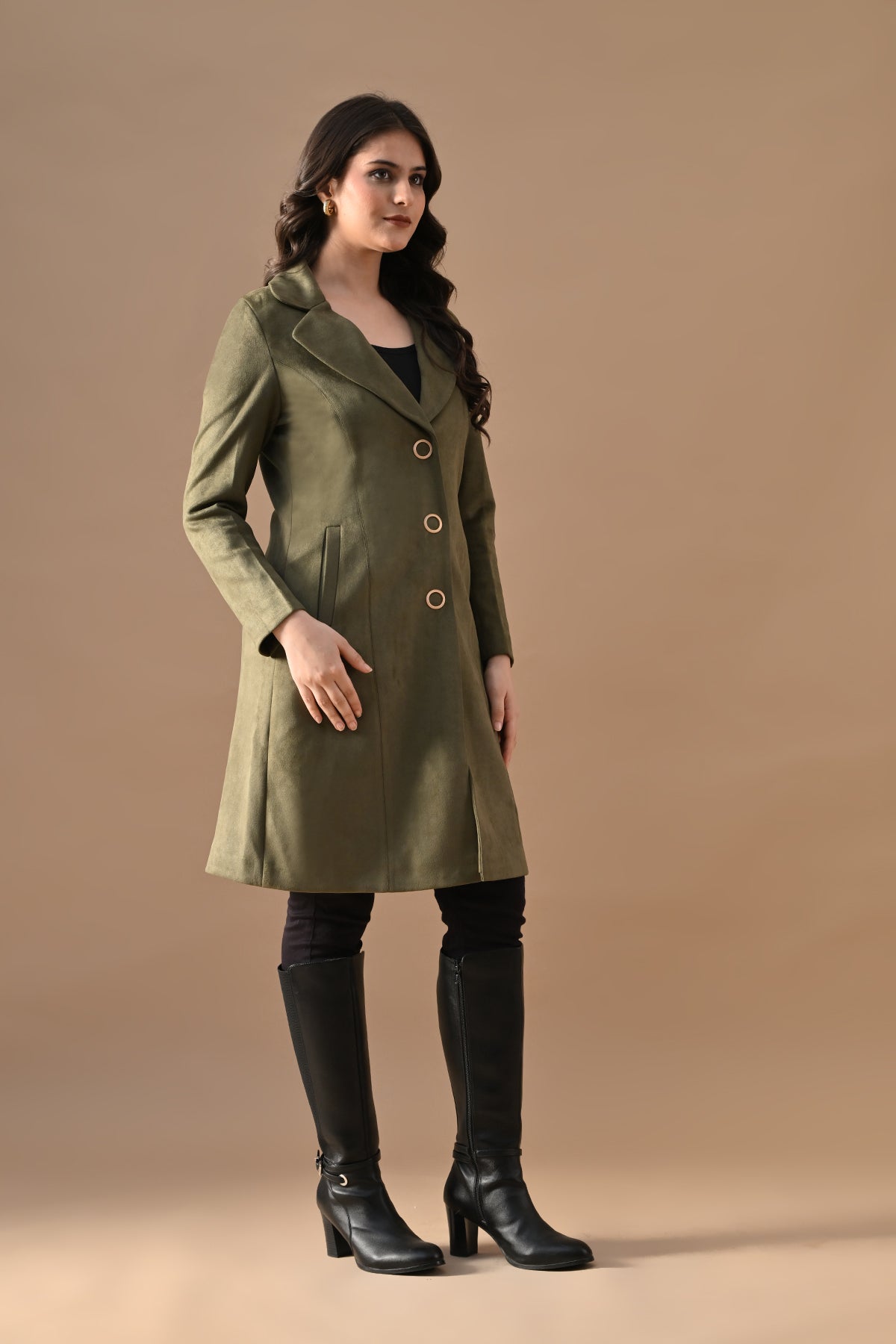 Winter Green Solid Classic Notch Collar Neck Overcoat