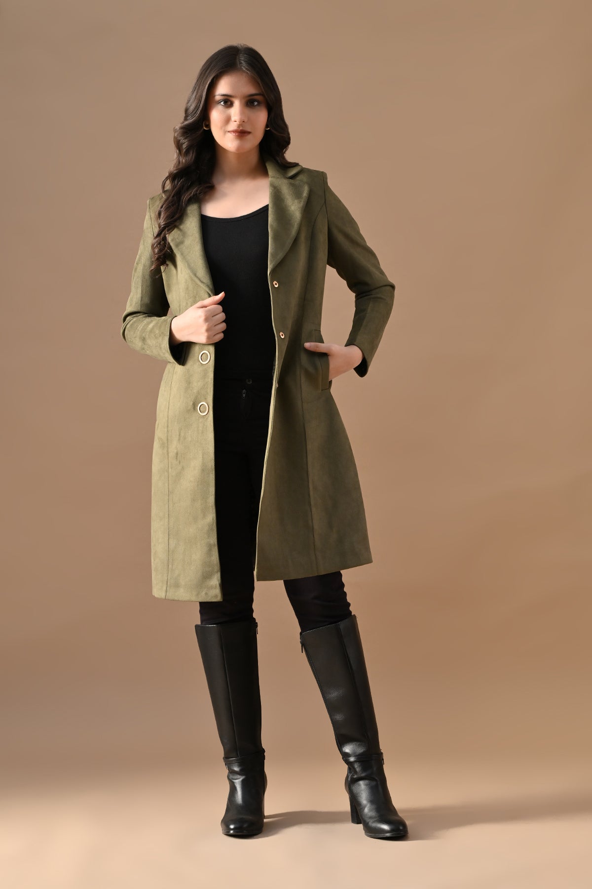 Winter Green Solid Classic Notch Collar Neck Overcoat
