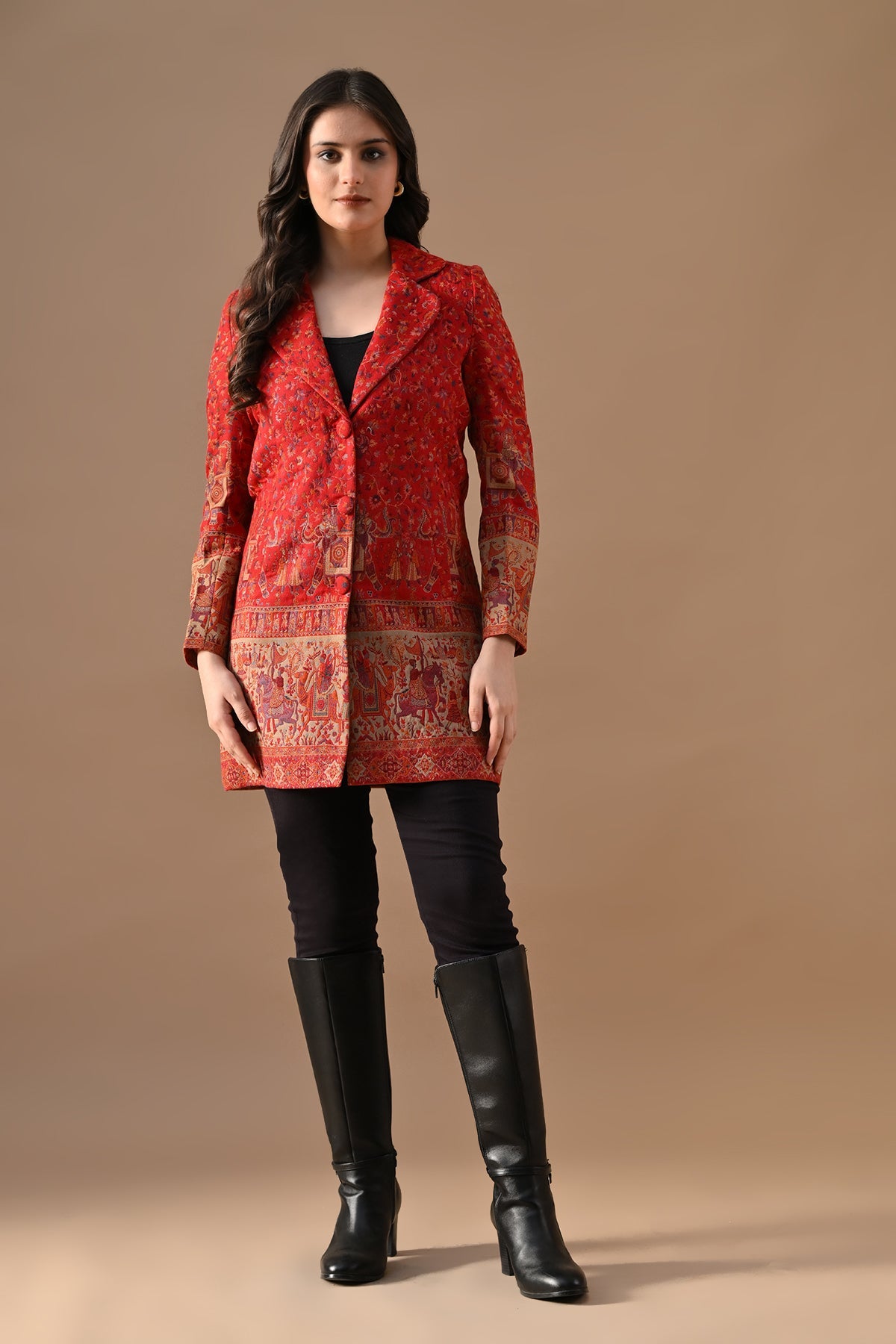 Winter Red Self-Design Notch Collar Neck Overcoat