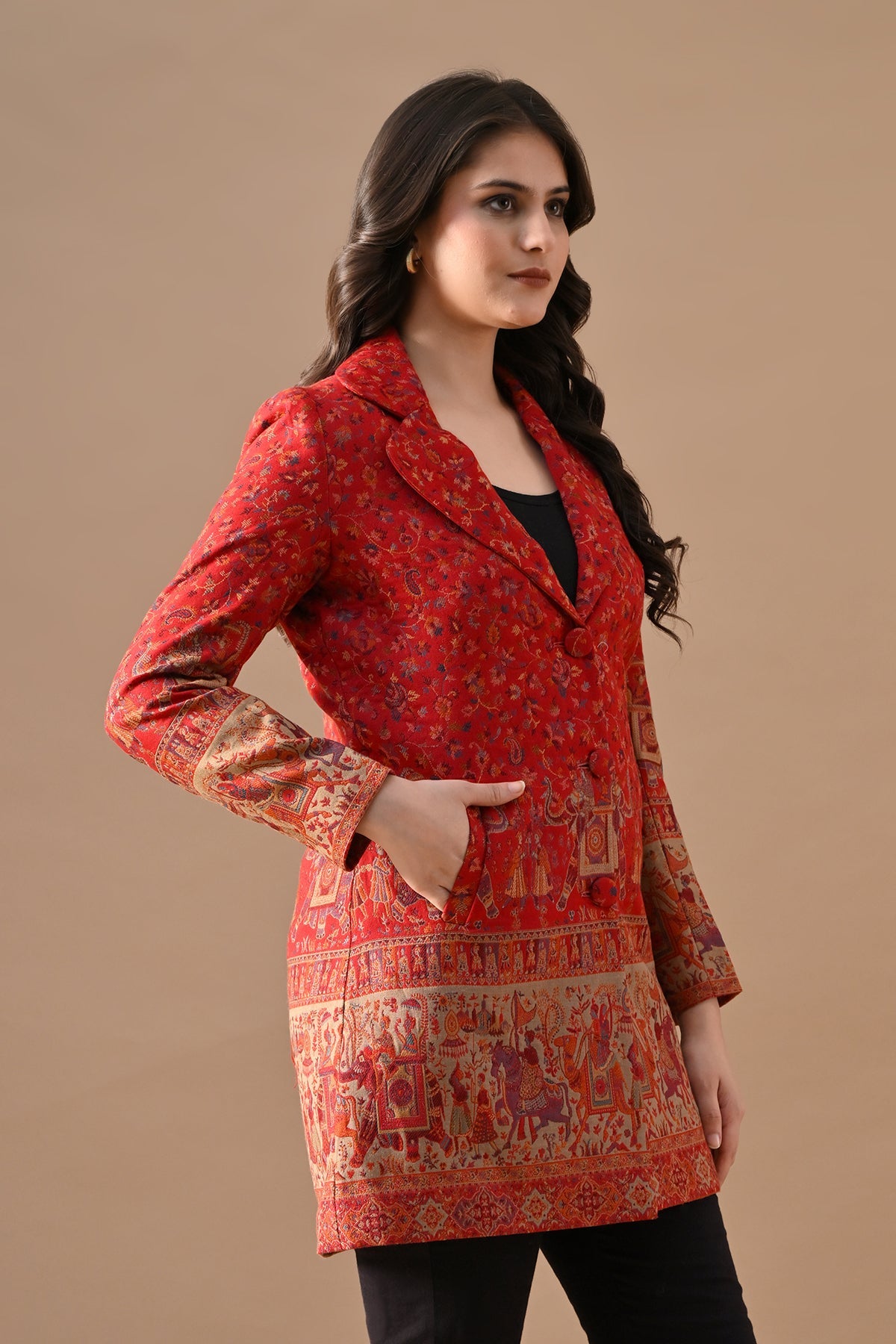 Winter Red Self-Design Notch Collar Neck Overcoat
