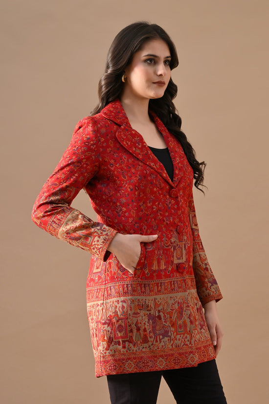 Winter Red Self-Design Notch Collar Neck Overcoat