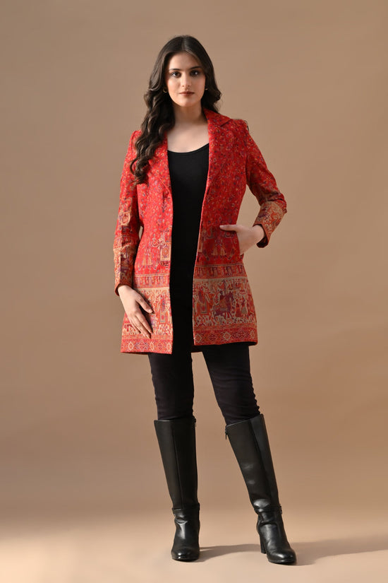 Winter Red Self-Design Notch Collar Neck Overcoat