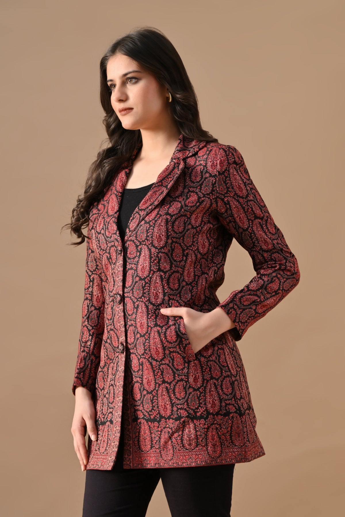 Winter Black Self-Design Notch Collar Neck Overcoat
