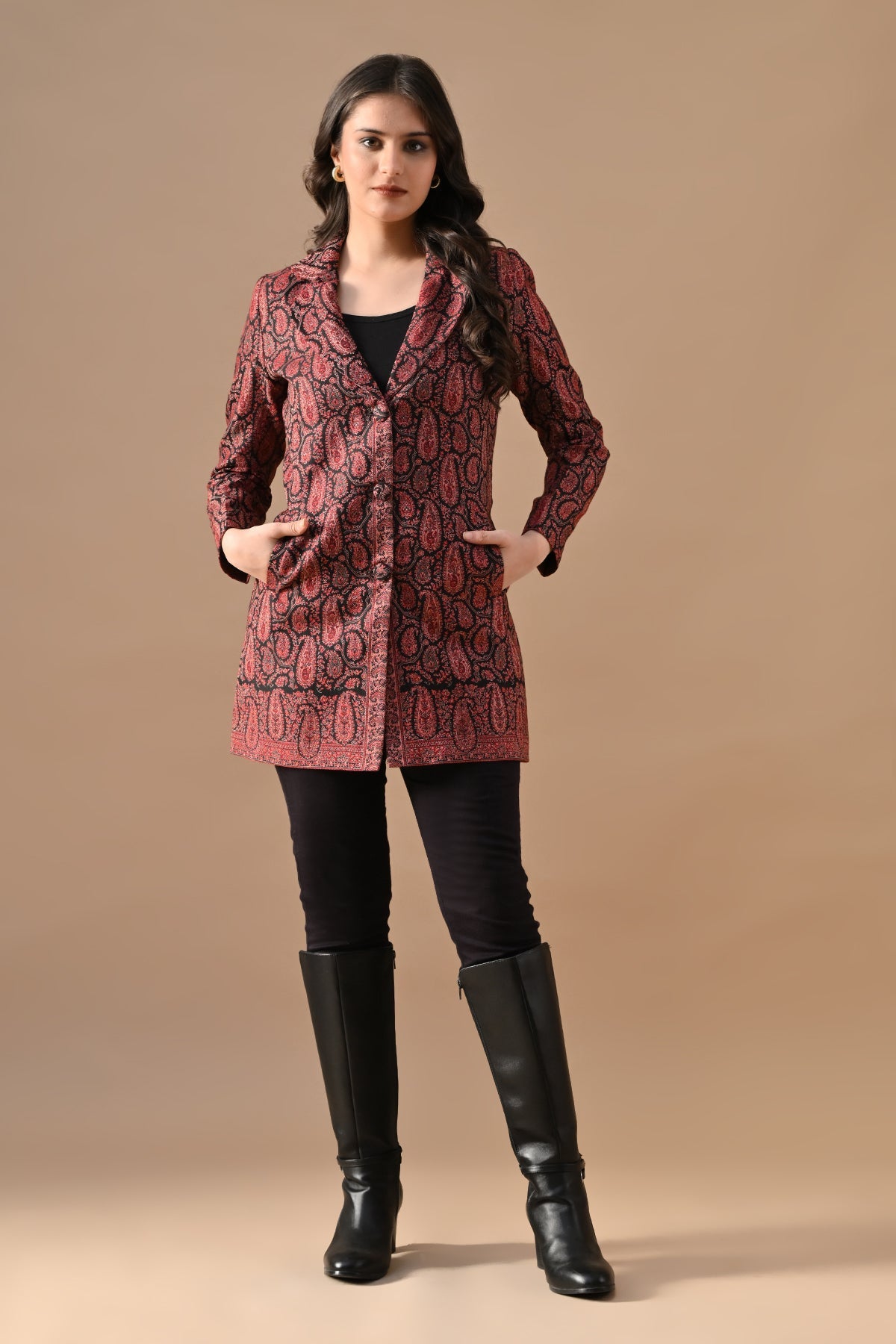 Winter Black Self-Design Notch Collar Neck Overcoat