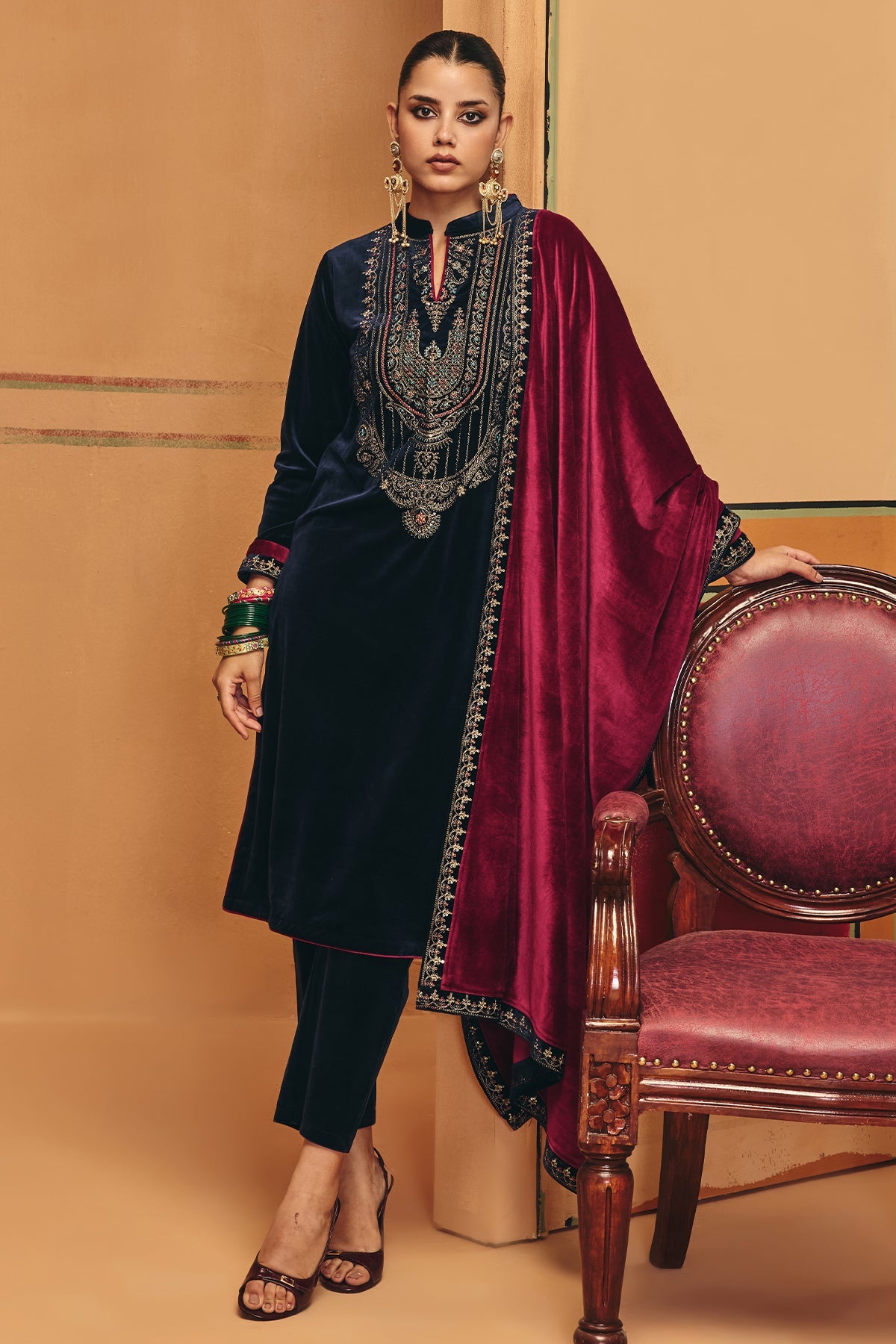 Winter Navy Blue Embroidery Velvet Kurta 3 Pcs Set