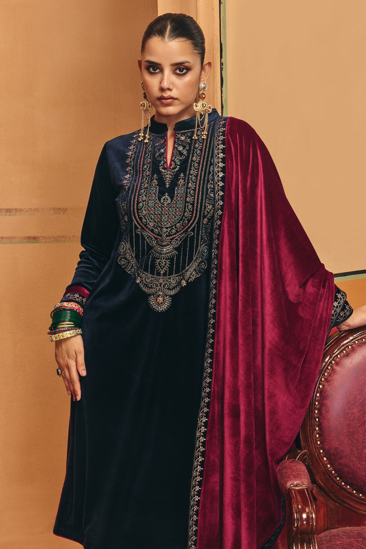 Winter Navy Blue Embroidery Velvet Kurta 3 Pcs Set