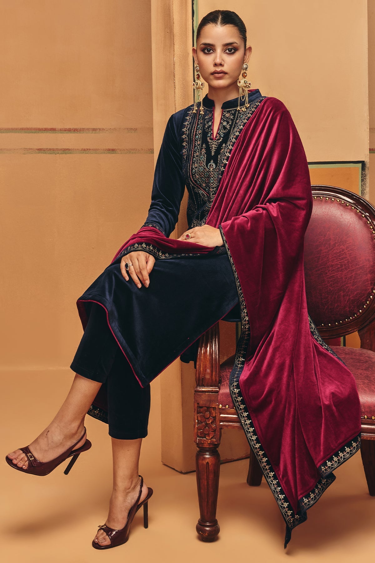 Winter Navy Blue Embroidery Velvet Kurta 3 Pcs Set