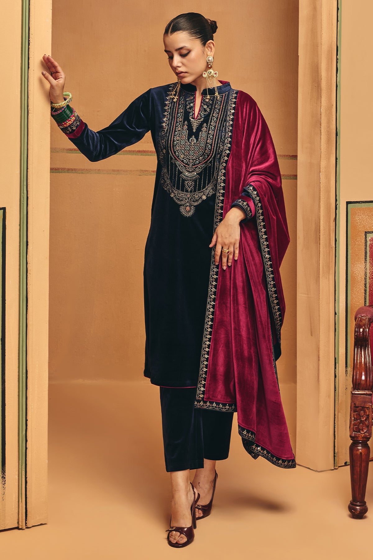 Winter Navy Blue Embroidery Velvet Kurta 3 Pcs Set