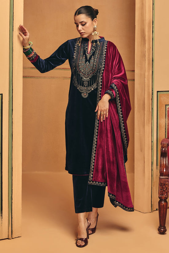 Winter Navy Blue Embroidery Velvet Kurta 3 Pcs Set