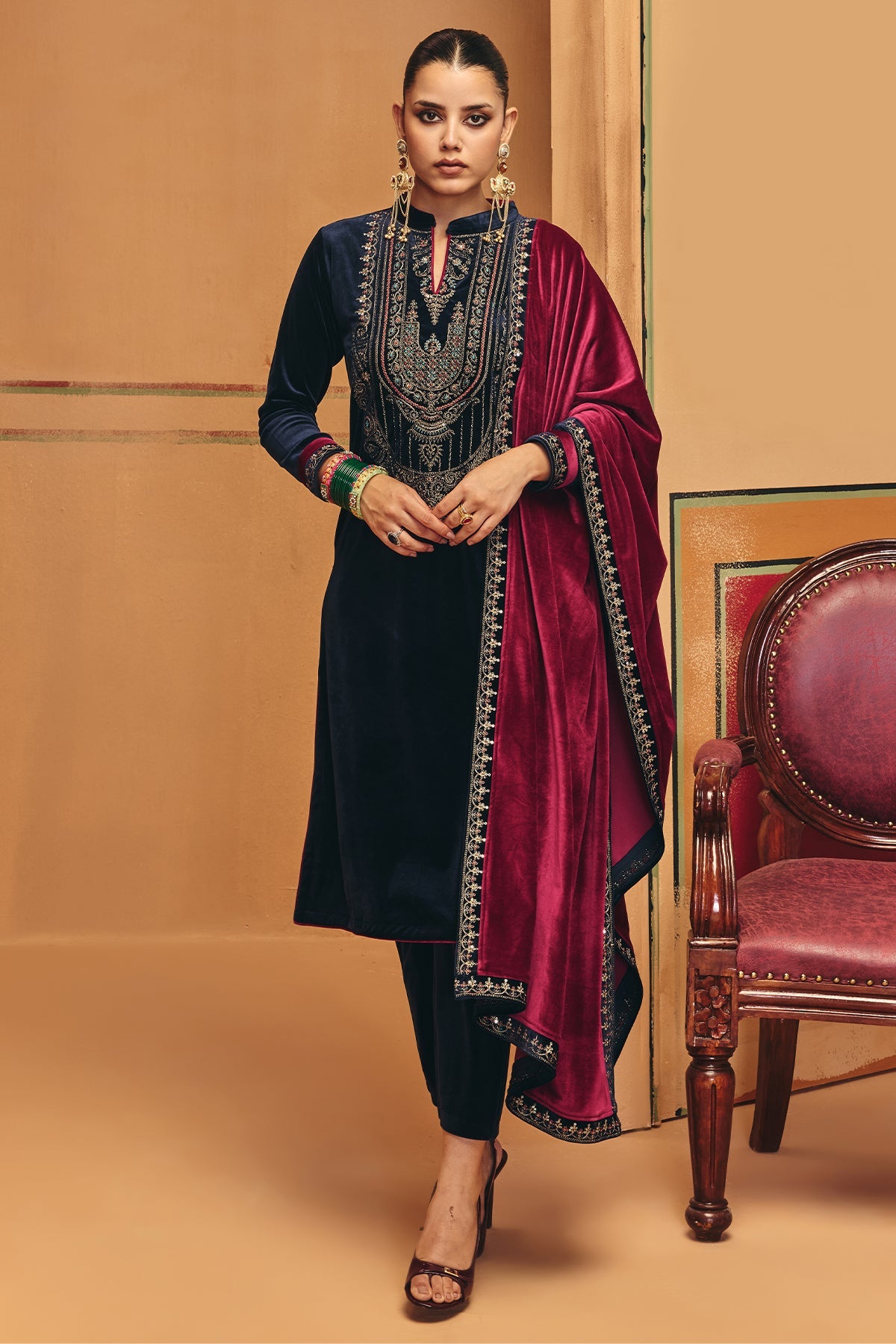 Winter Navy Blue Embroidery Velvet Kurta 3 Pcs Set