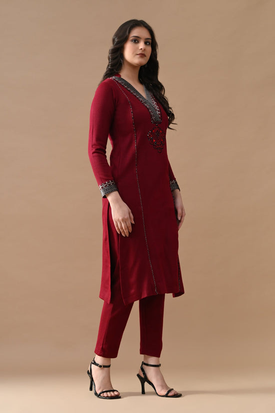 Winter Maroon Self Design Woven Kurta 3 Pcs Set