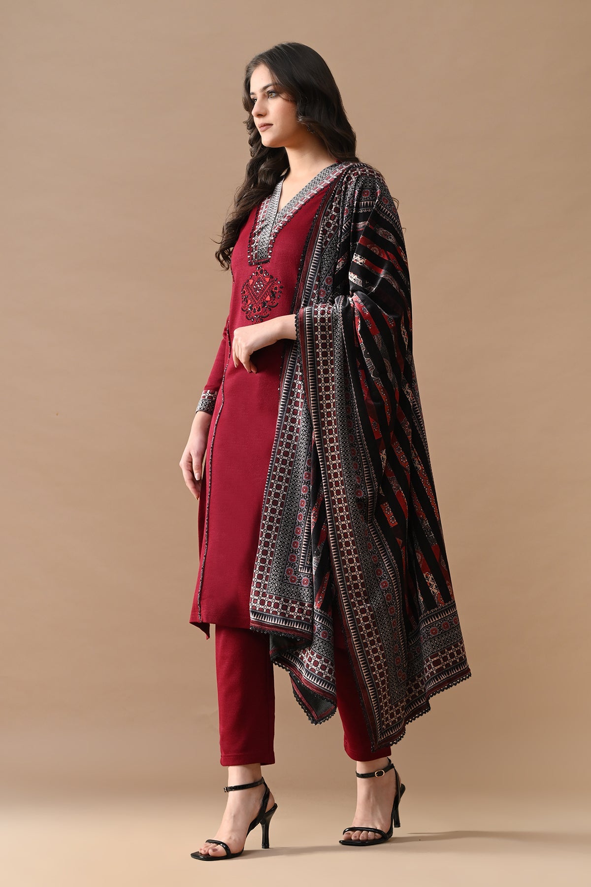 Winter Maroon Self Design Woven Kurta 3 Pcs Set