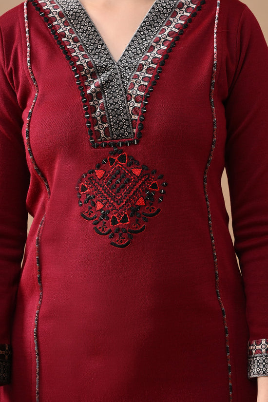 Winter Maroon Self Design Woven Kurta 3 Pcs Set
