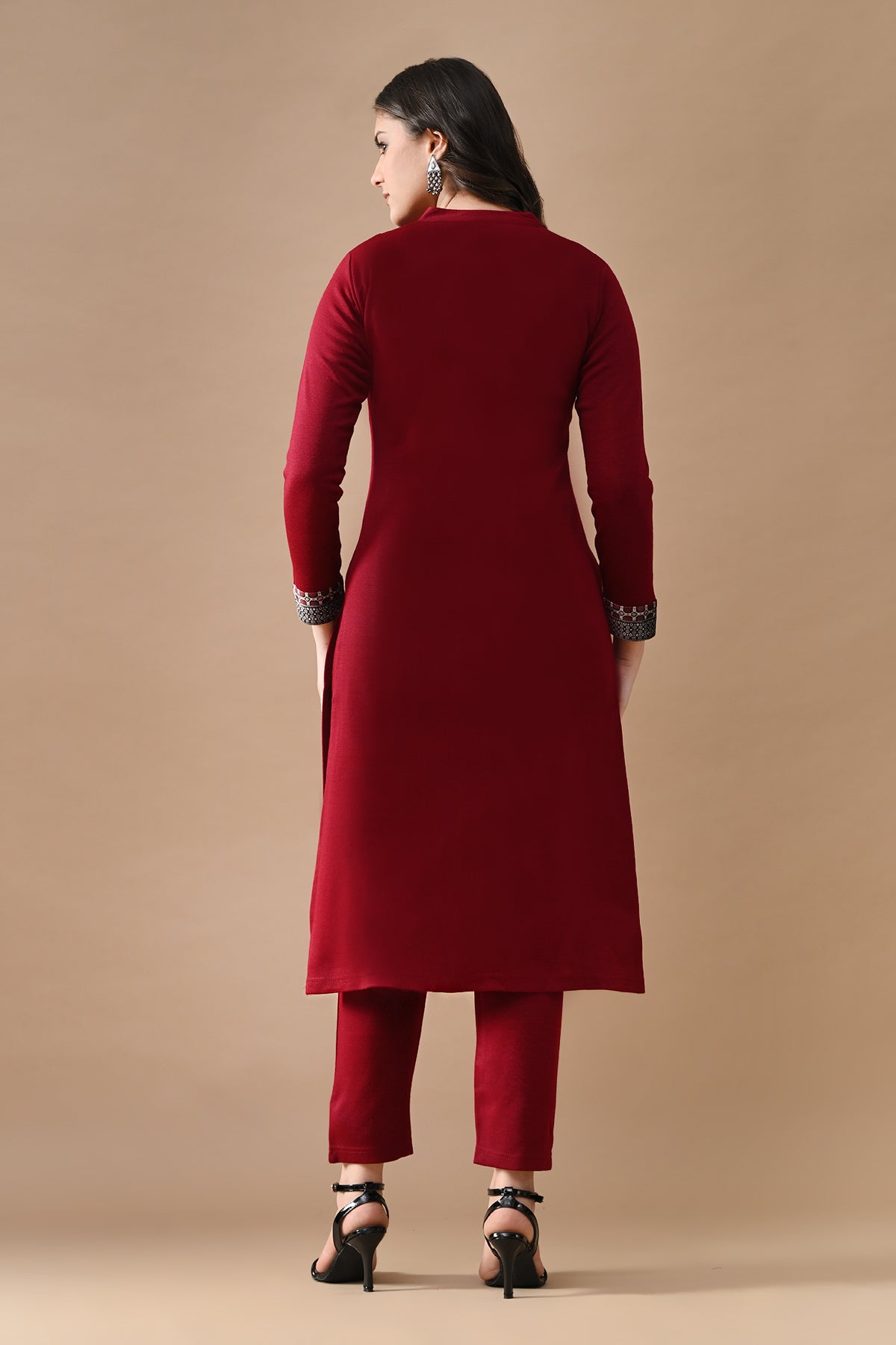 Winter Maroon Self Design Woven Kurta 3 Pcs Set