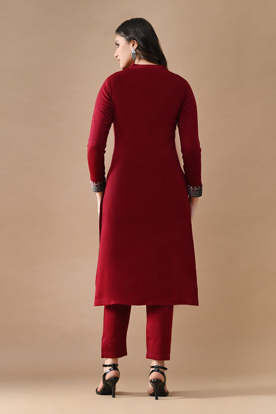 Winter Maroon Self Design Woven Kurta 3 Pcs Set