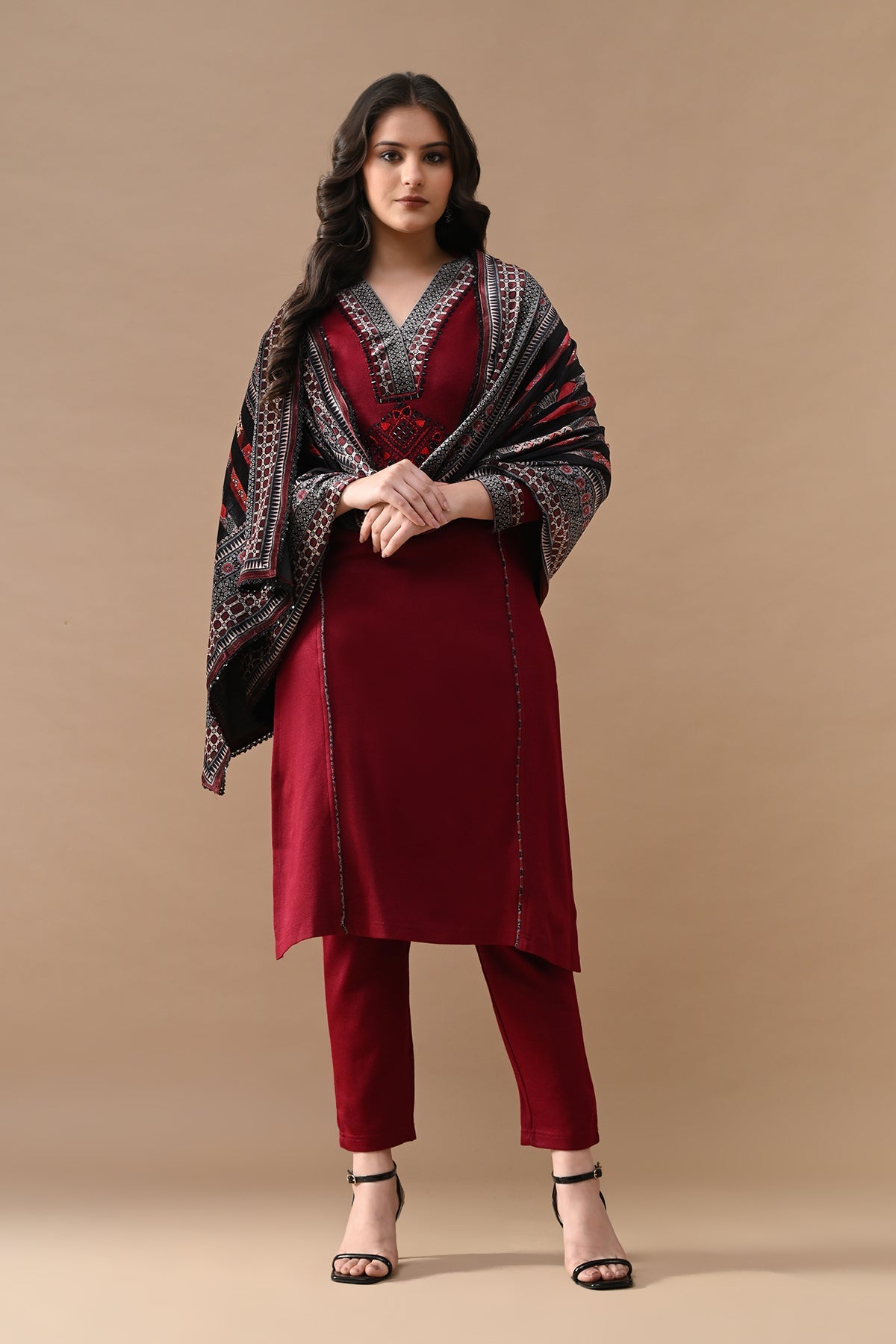Winter Maroon Self Design Woven Kurta 3 Pcs Set