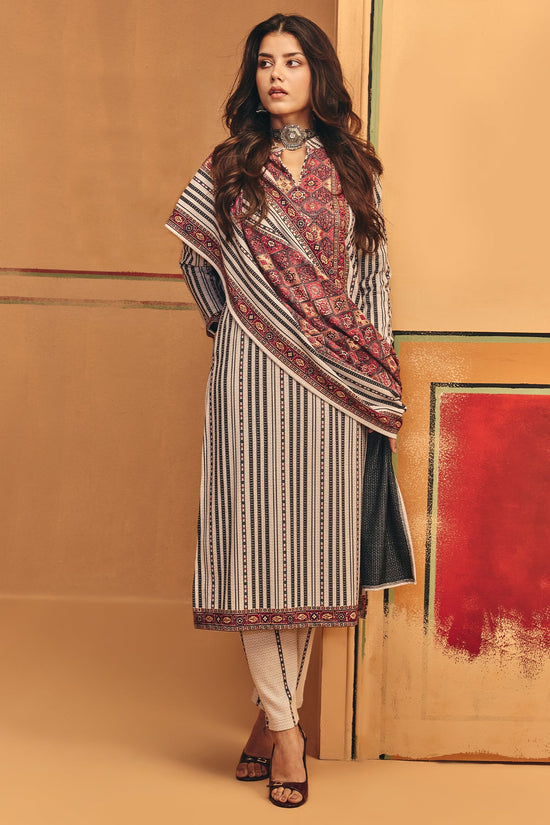 Winter Off White Self Design Woven Kurta 3 Pcs Set