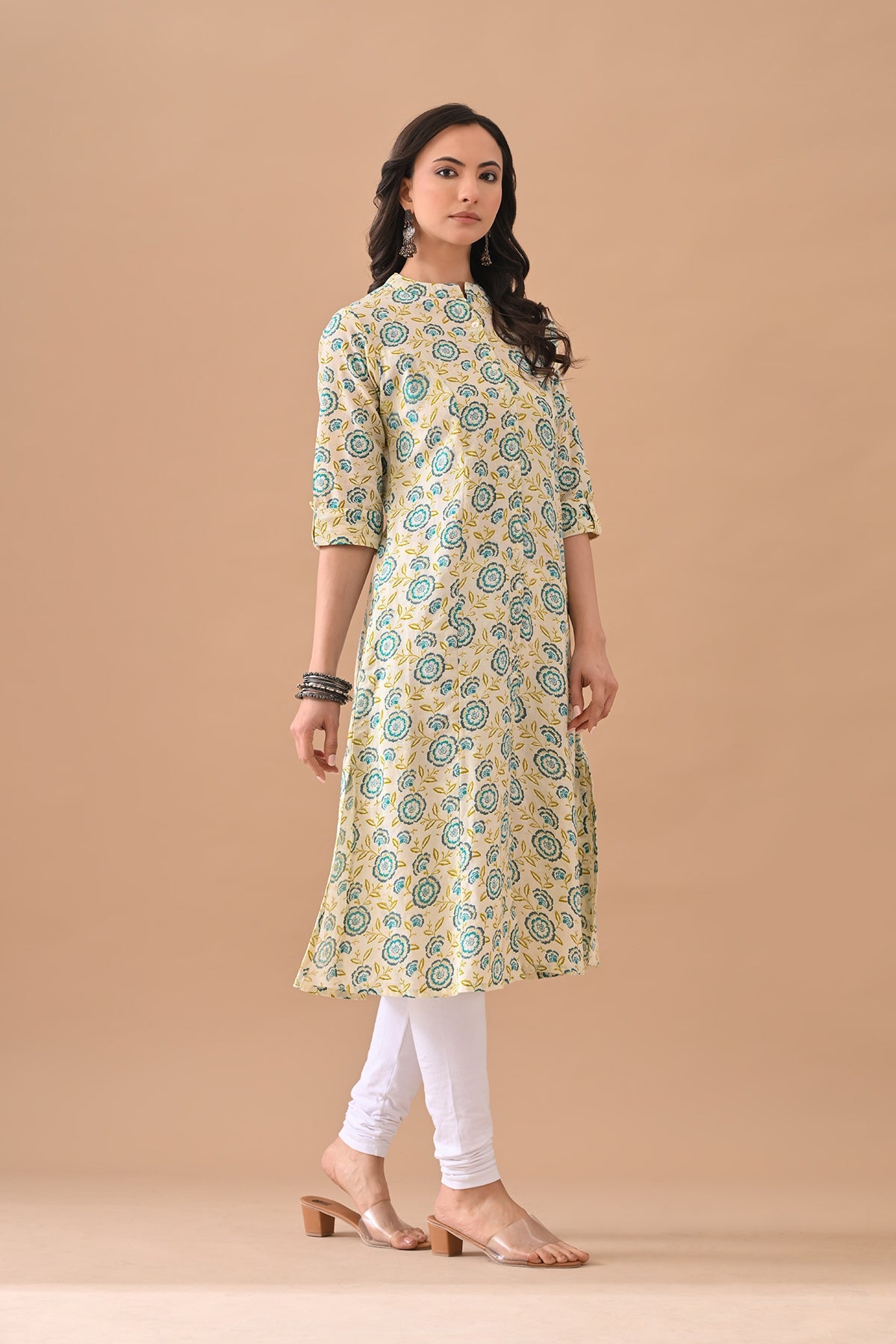 Cream Printed A-line Kurta