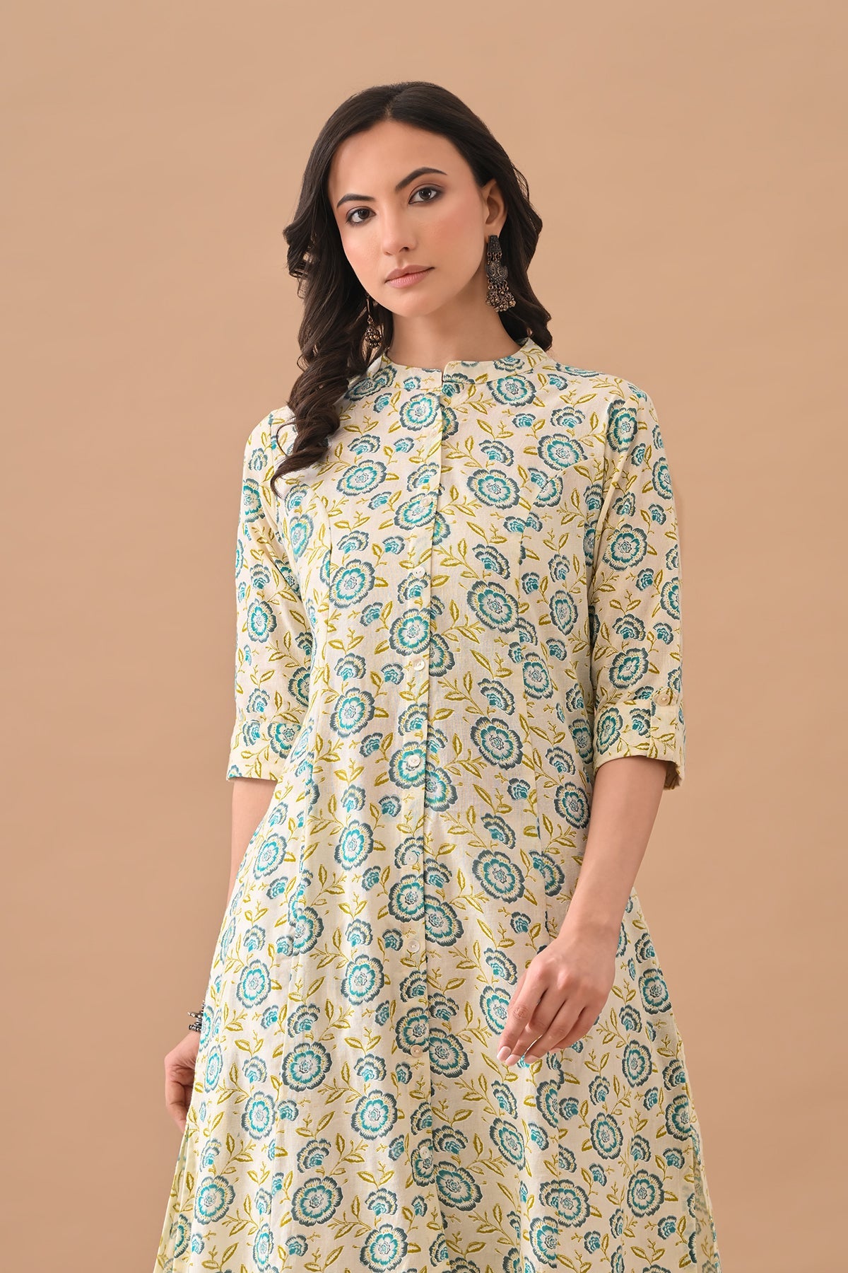 Cream Printed A-line Kurta