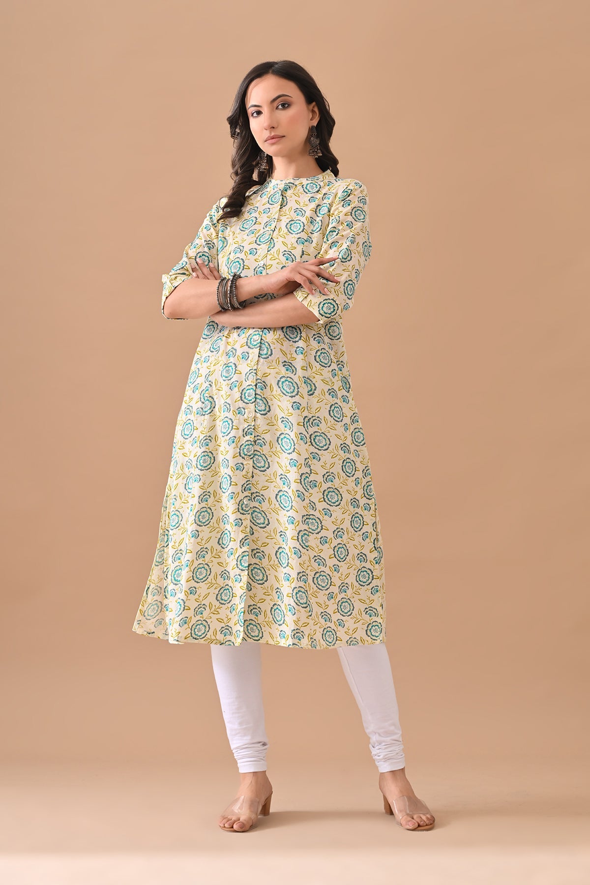 Cream Printed A-line Kurta