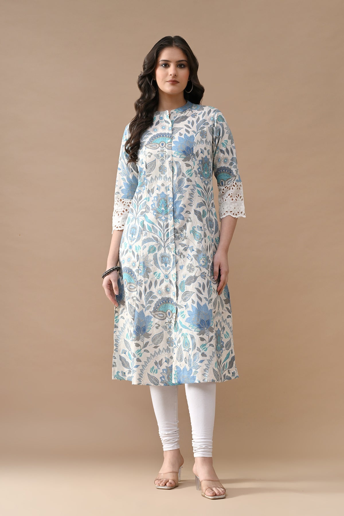 Off White Printed A-line Kurta