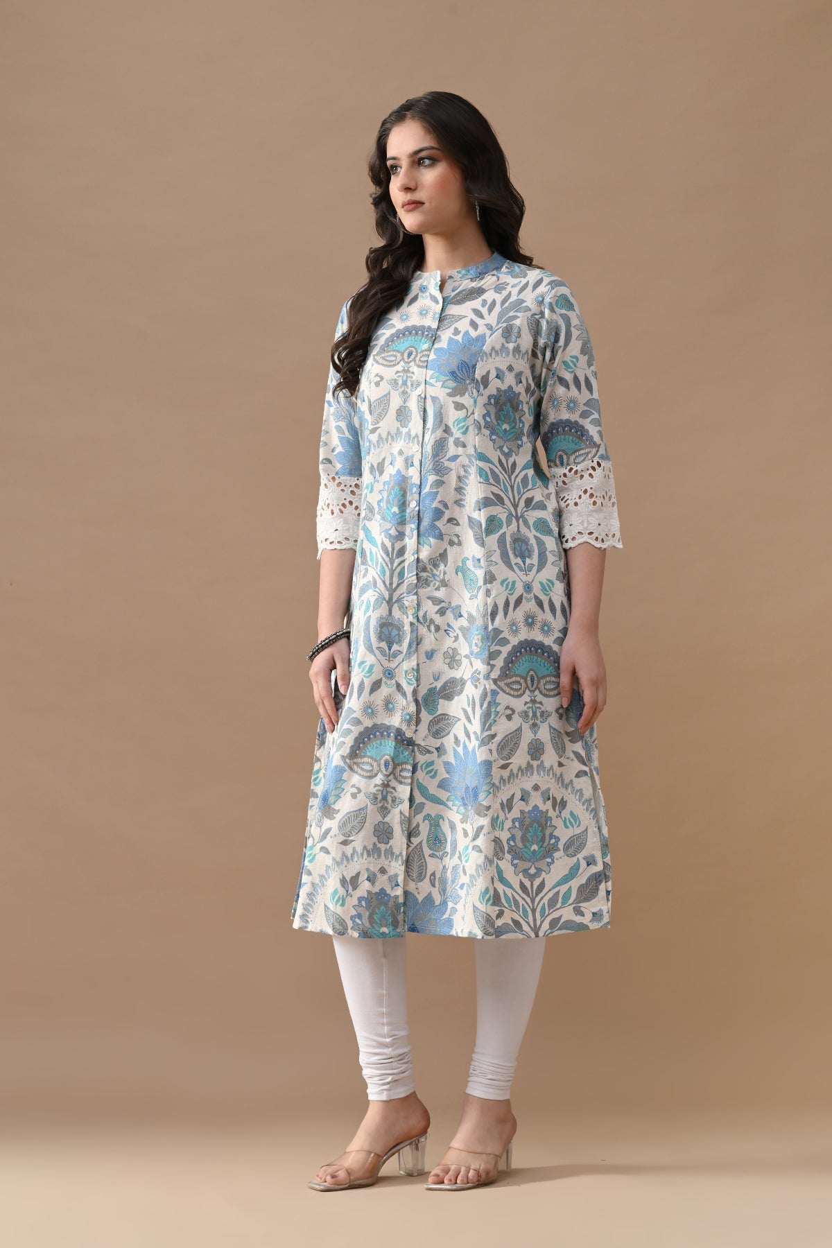 Off White Printed A-line Kurta