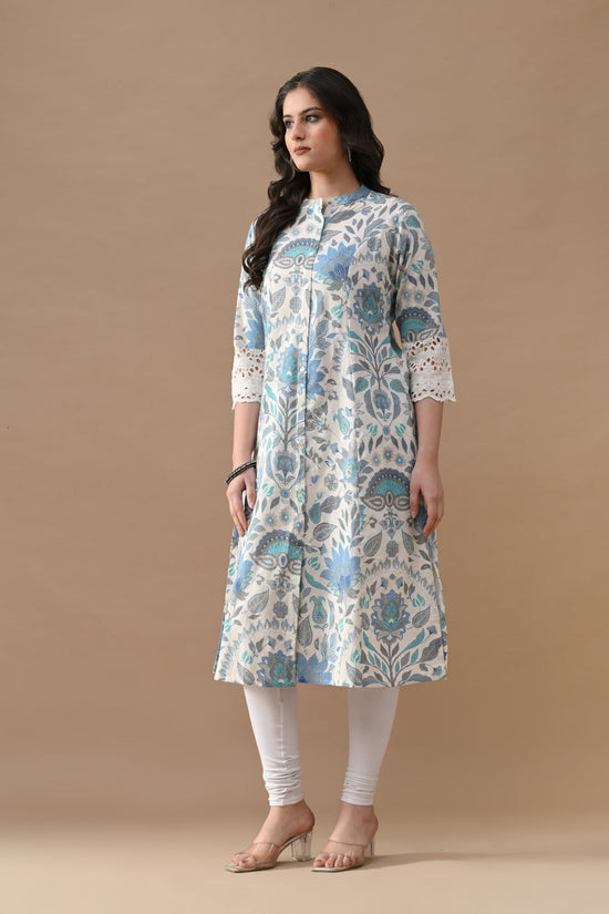 Off White Printed A-line Kurta