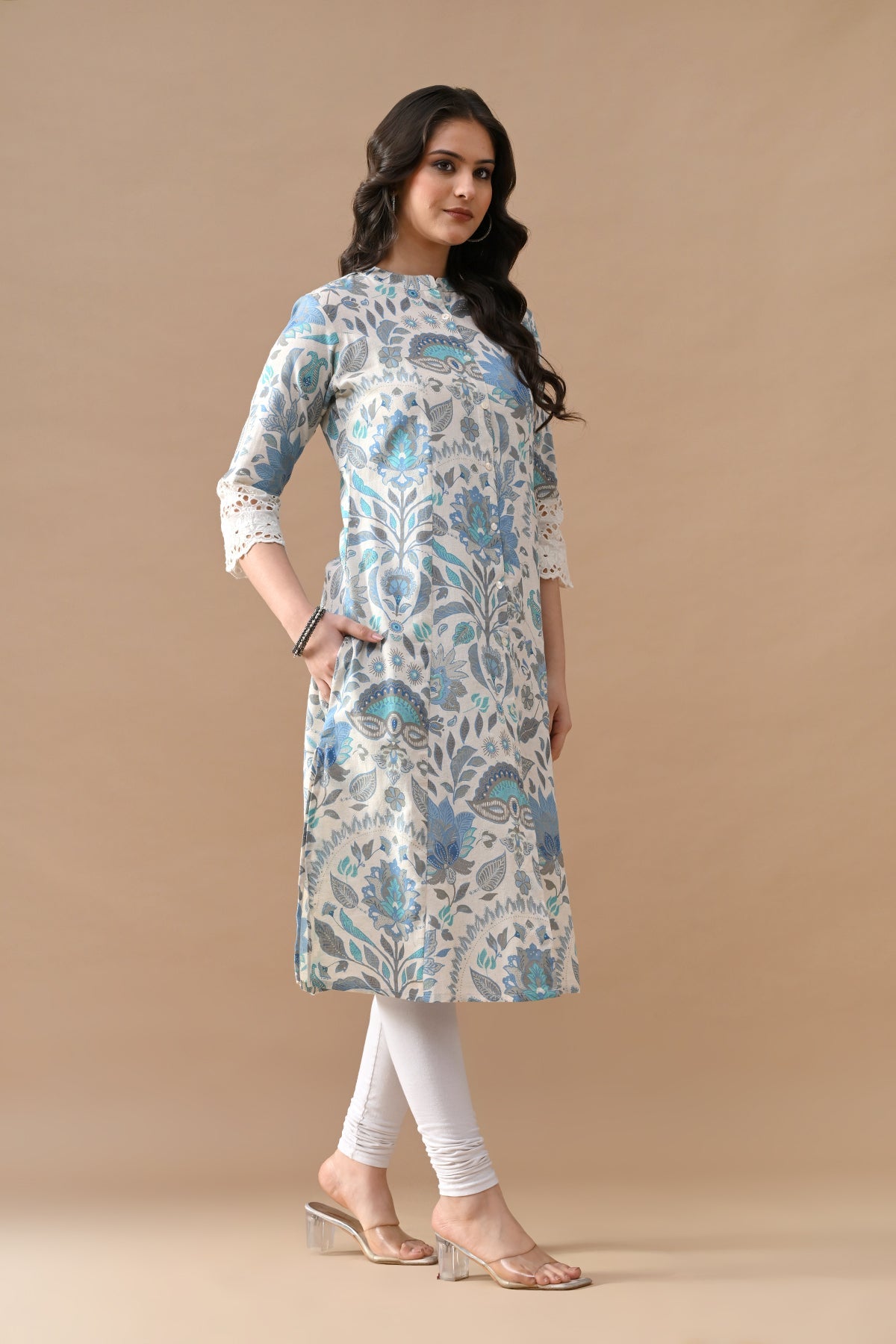 Off White Printed A-line Kurta
