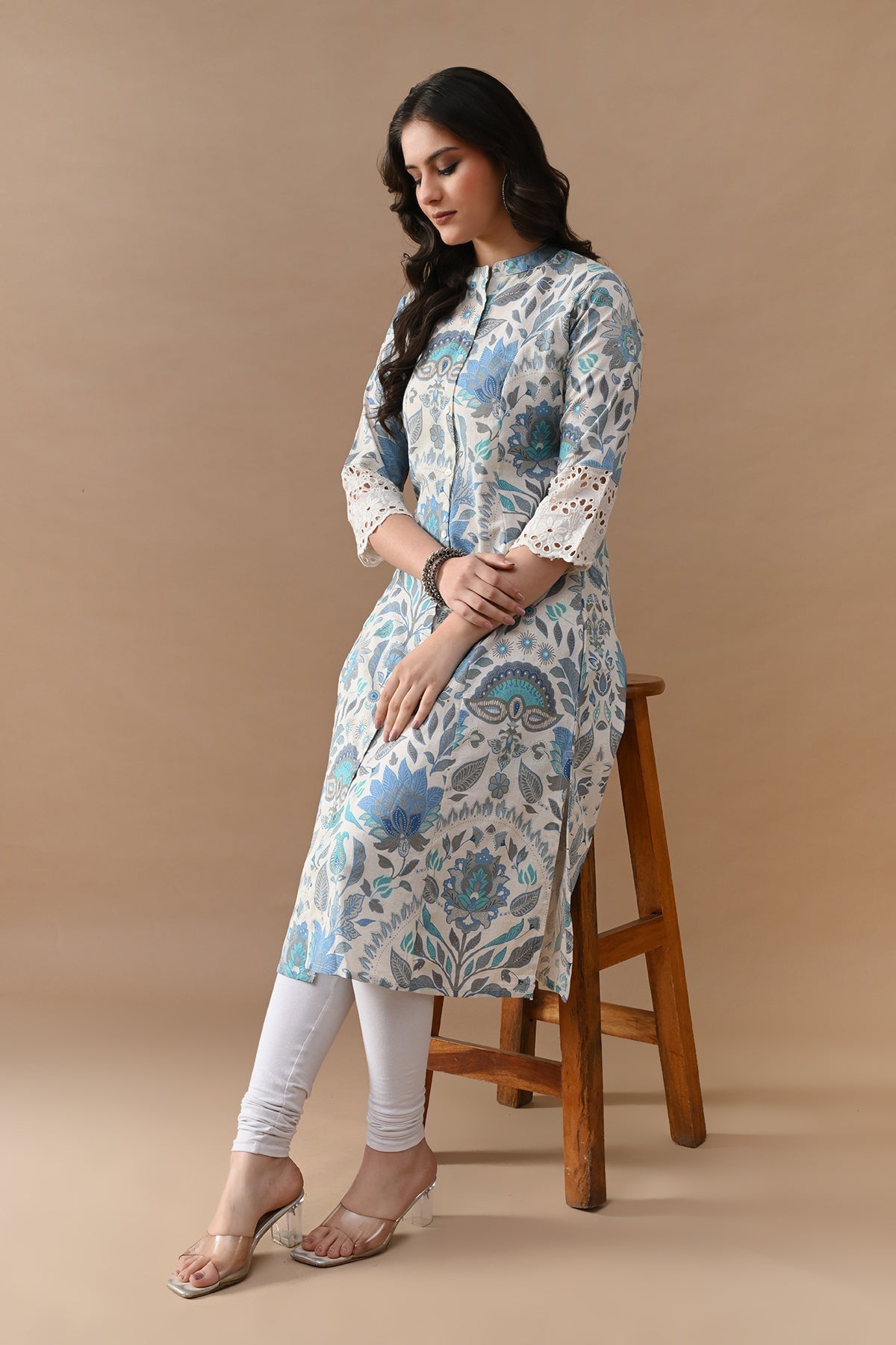 Off White Printed A-line Kurta