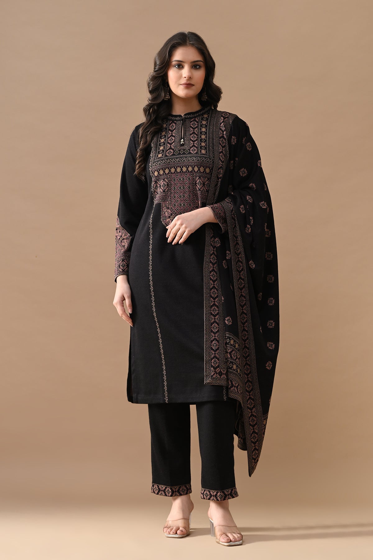 Winter Black Printed Woven Kurta 3 Pcs Set