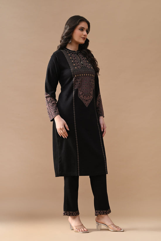 Winter Black Printed Woven Kurta 3 Pcs Set