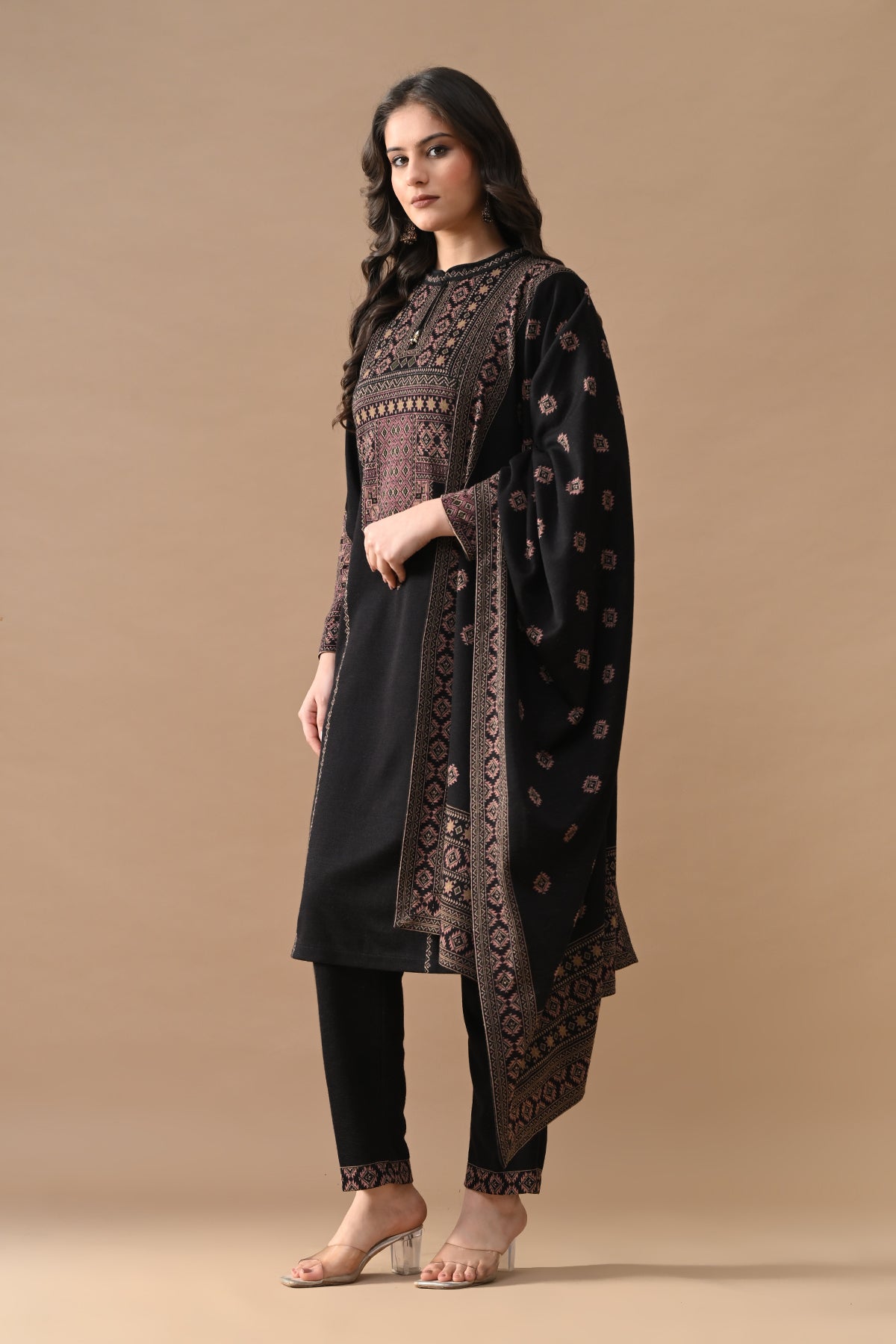 Winter Black Printed Woven Kurta 3 Pcs Set