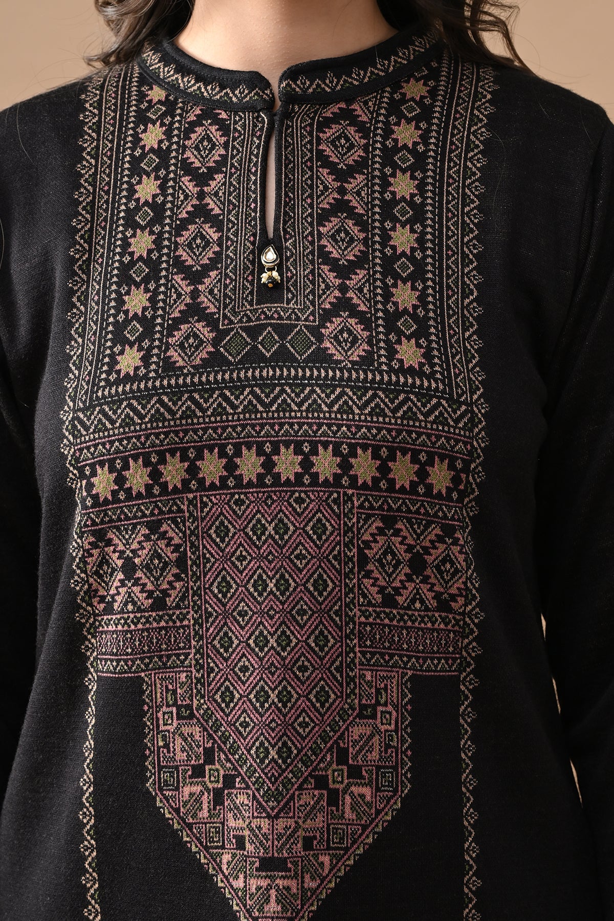 Winter Black Printed Woven Kurta 3 Pcs Set