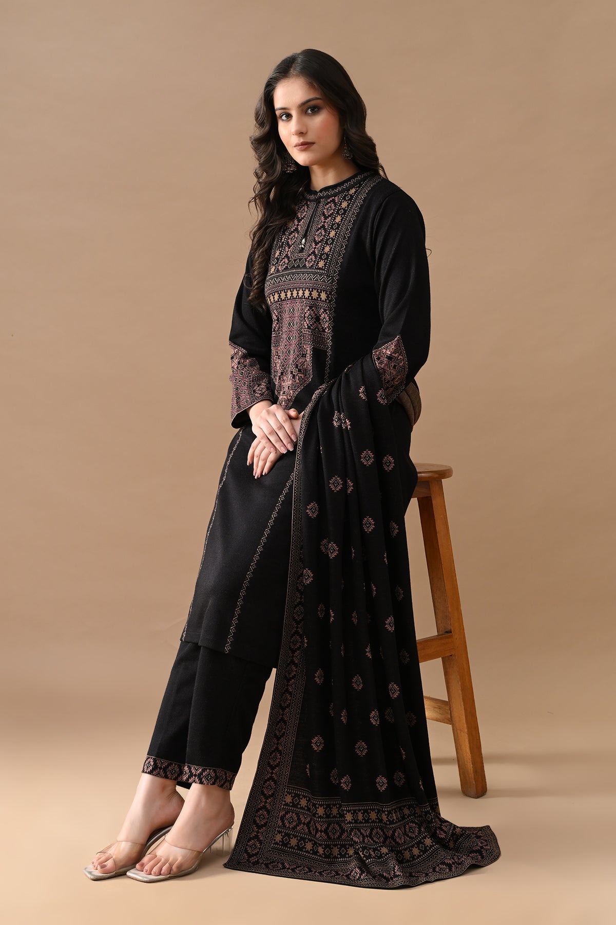 Winter Black Printed Woven Kurta 3 Pcs Set