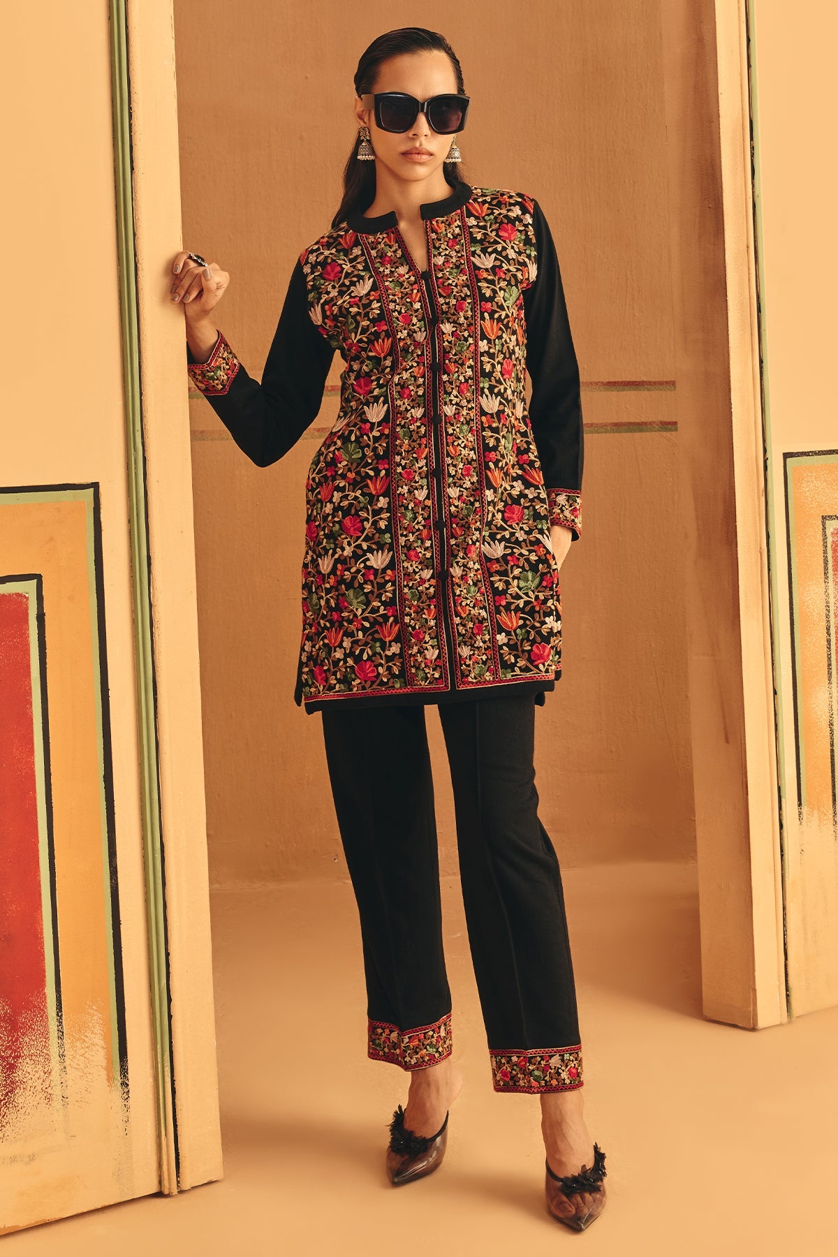 Winter Black Embroidery Ethnic Motifs Woven Co-Ord Set