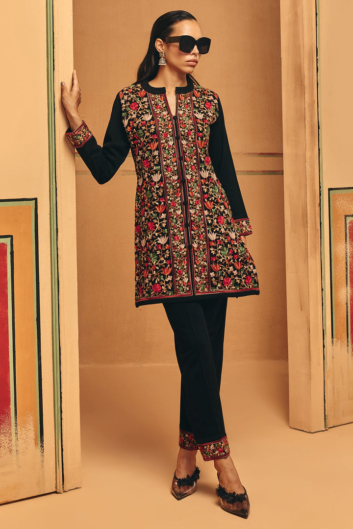 Winter Black Embroidery Ethnic Motifs Woven Co-Ord Set