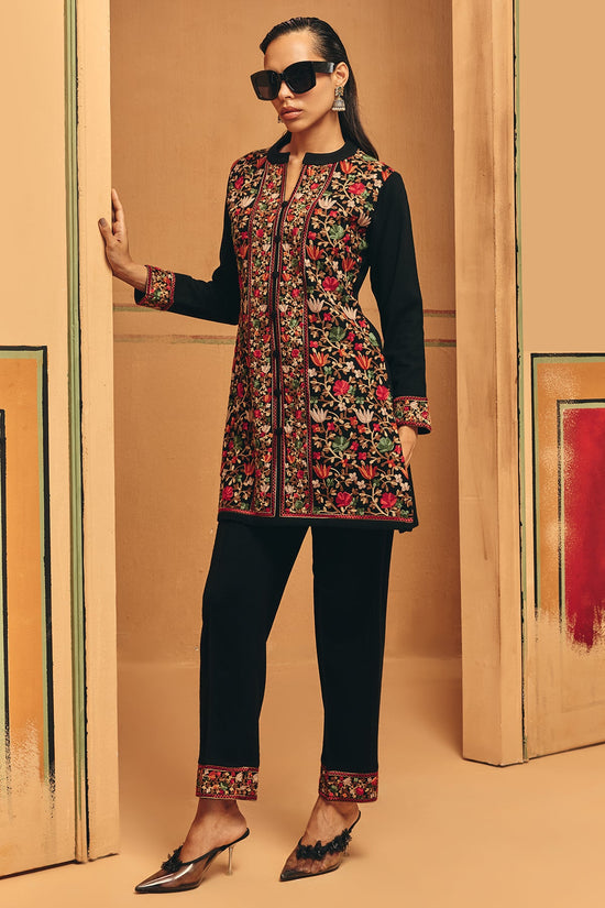 Winter Black Embroidery Ethnic Motifs Woven Co-Ord Set