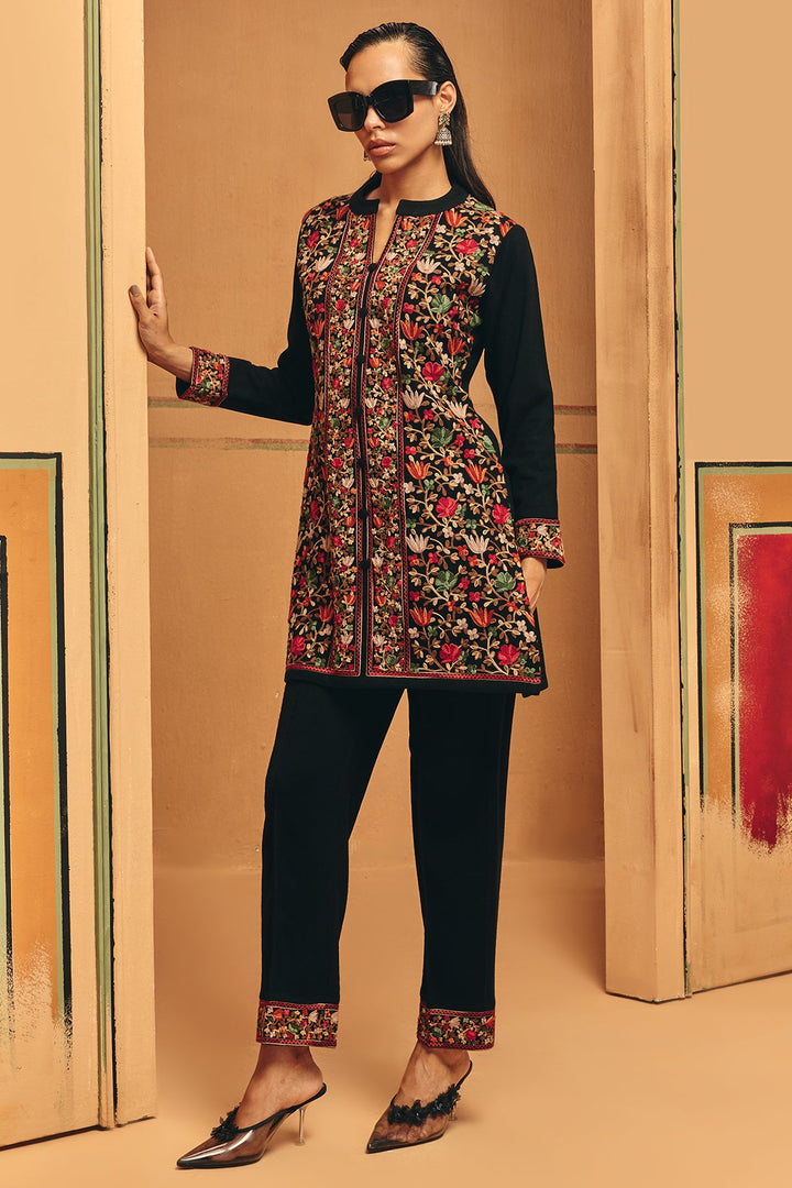 Winter Black Embroidery Ethnic Motifs Woven Co-Ord Set
