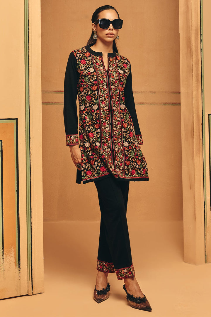 Winter Black Embroidery Ethnic Motifs Woven Co-Ord Set