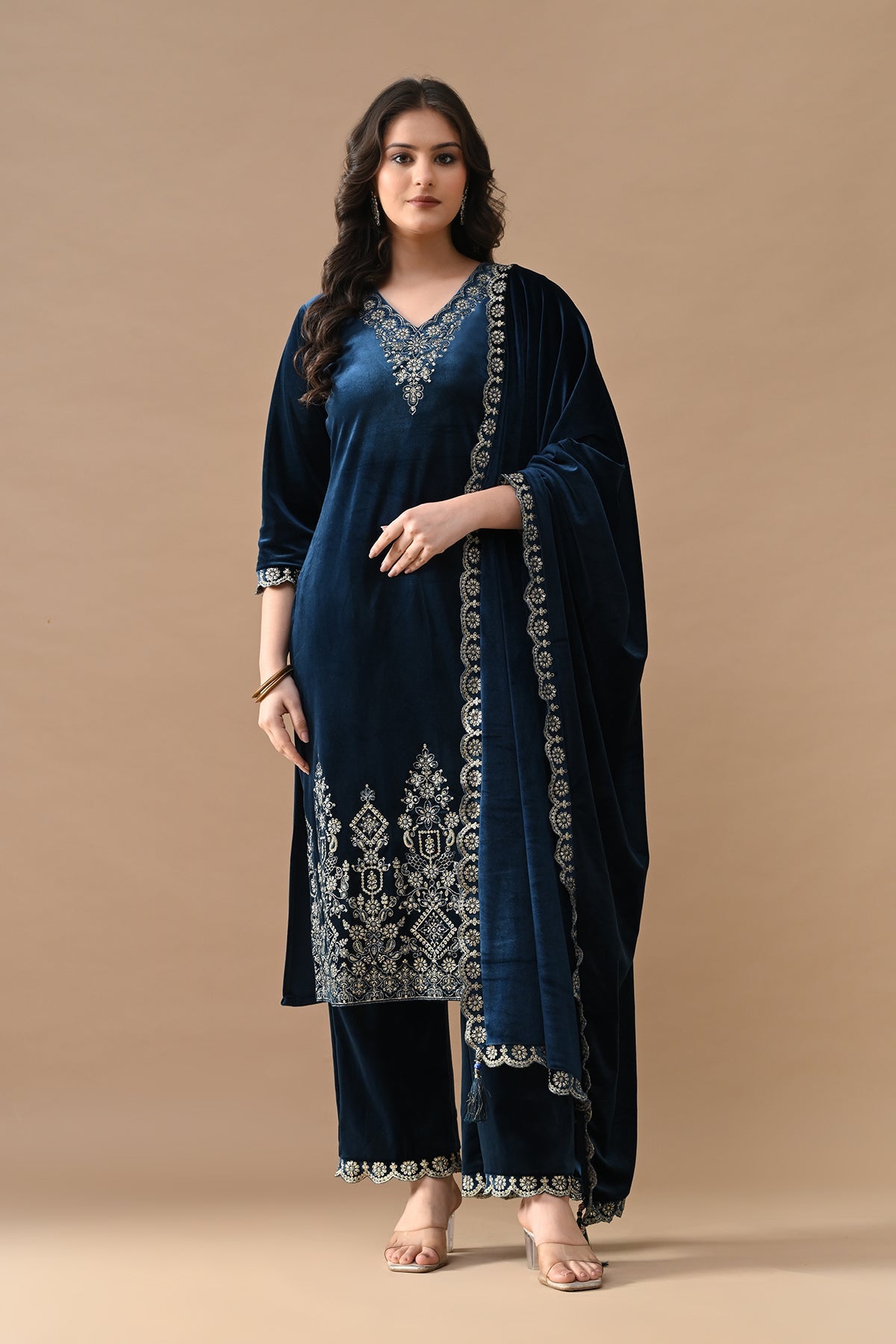 Teal Blue Zari Embroidered Kurta 3 Pcs Set
