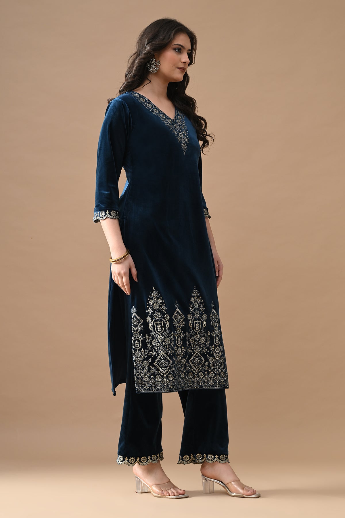 Teal Blue Zari Embroidered Kurta 3 Pcs Set