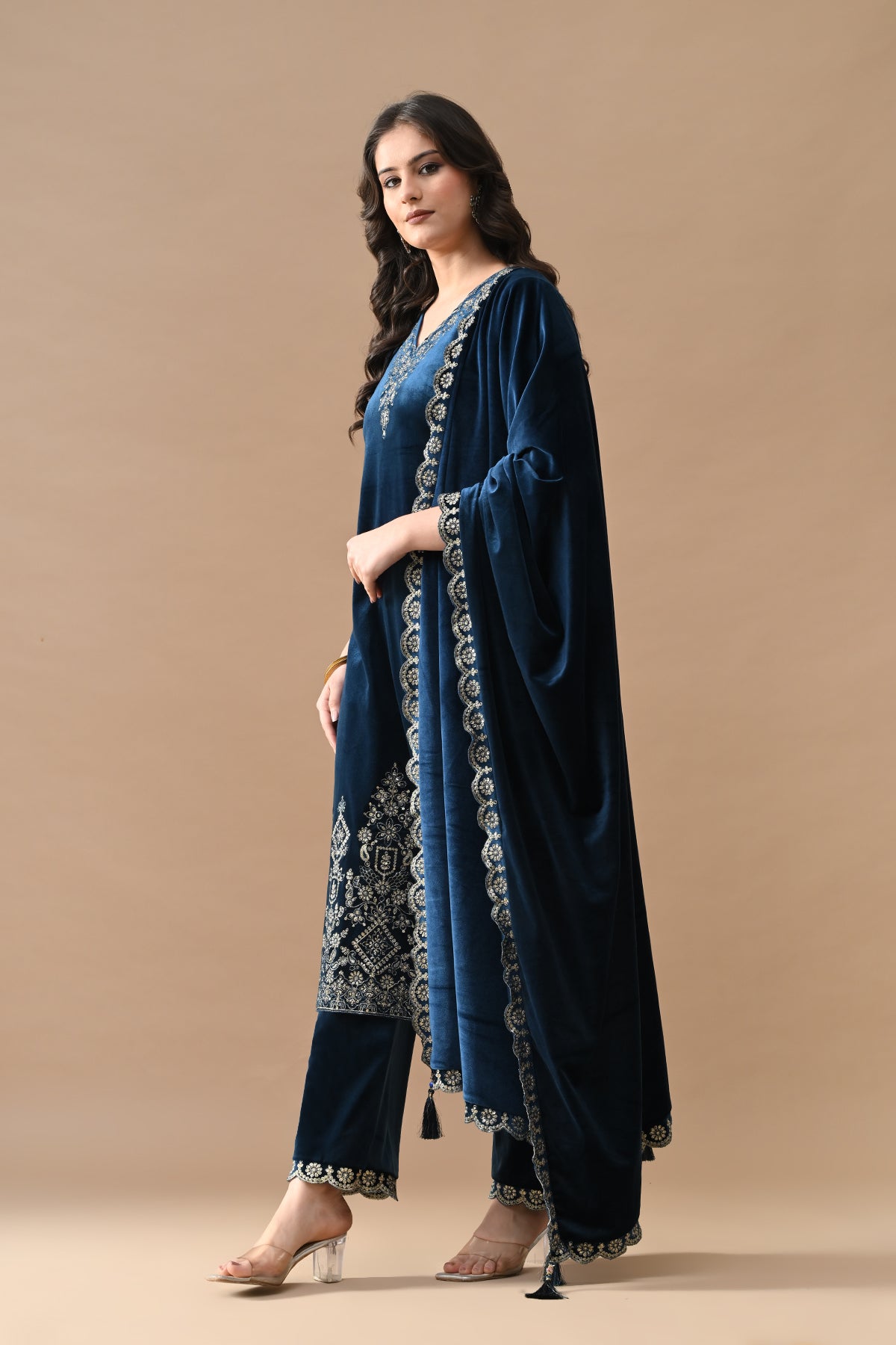 Teal Blue Zari Embroidered Kurta 3 Pcs Set