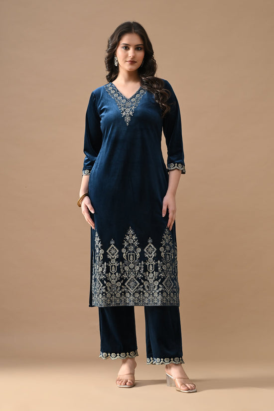 Teal Blue Zari Embroidered Kurta 3 Pcs Set