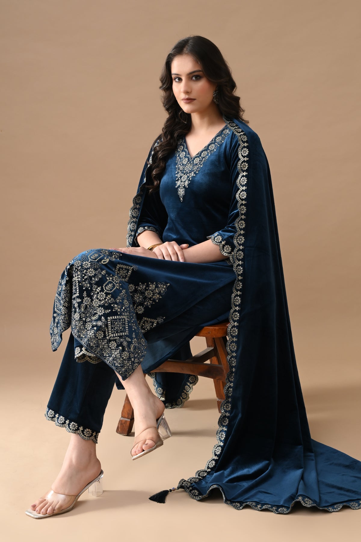Teal Blue Zari Embroidered Kurta 3 Pcs Set