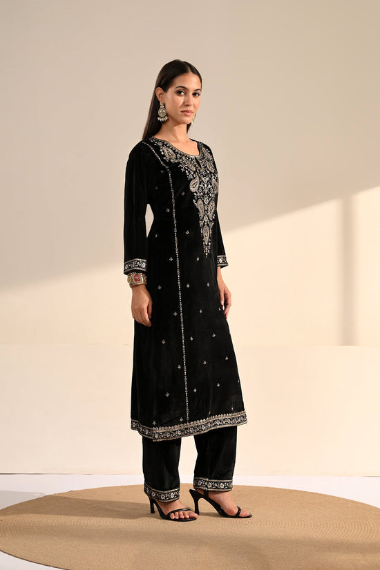 Black Velvet Zari & Paisley Embroidered 3 Pcs Kurta Set