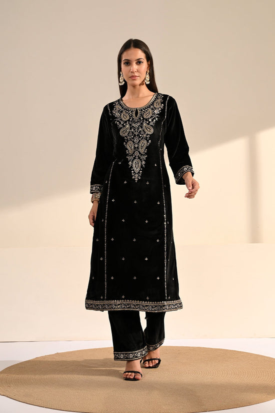 Black Velvet Zari & Paisley Embroidered 3 Pcs Kurta Set