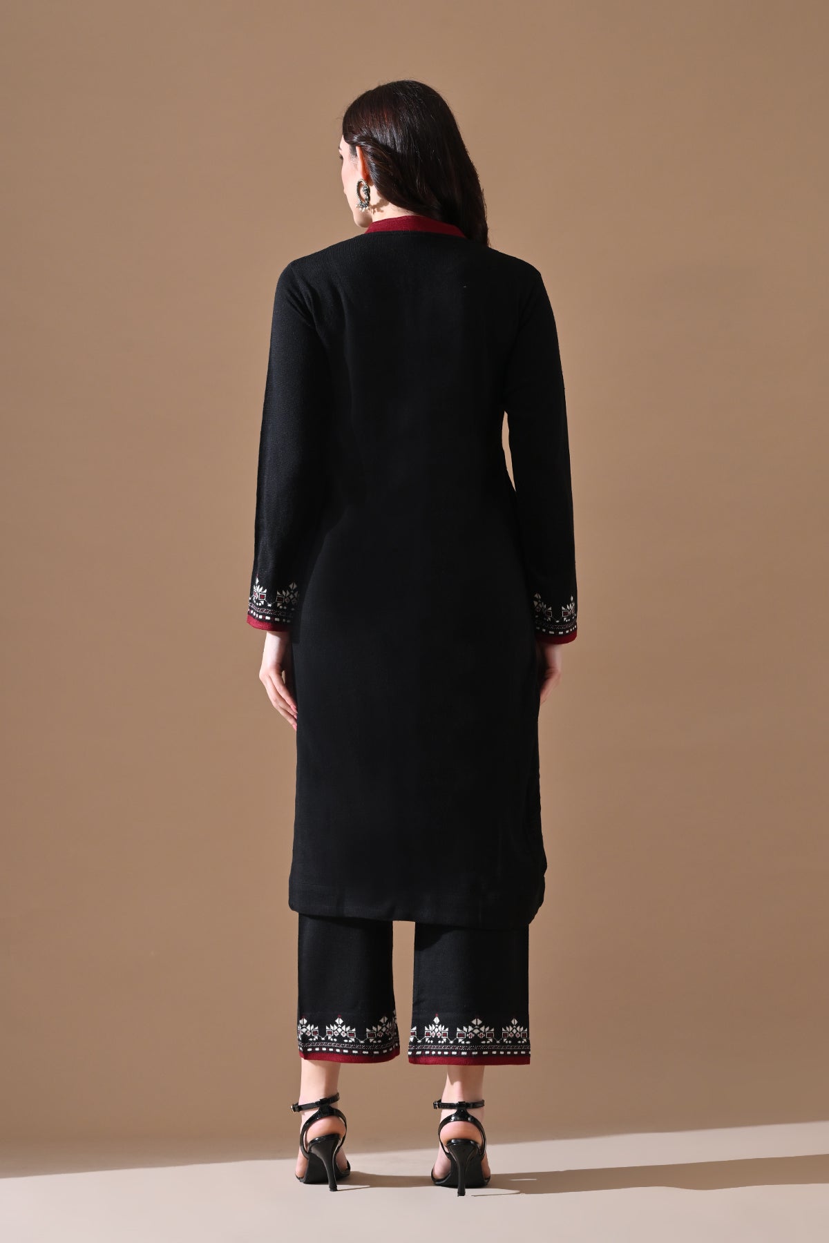 Winter Black Solid Woven Kurta 3 Pcs Set
