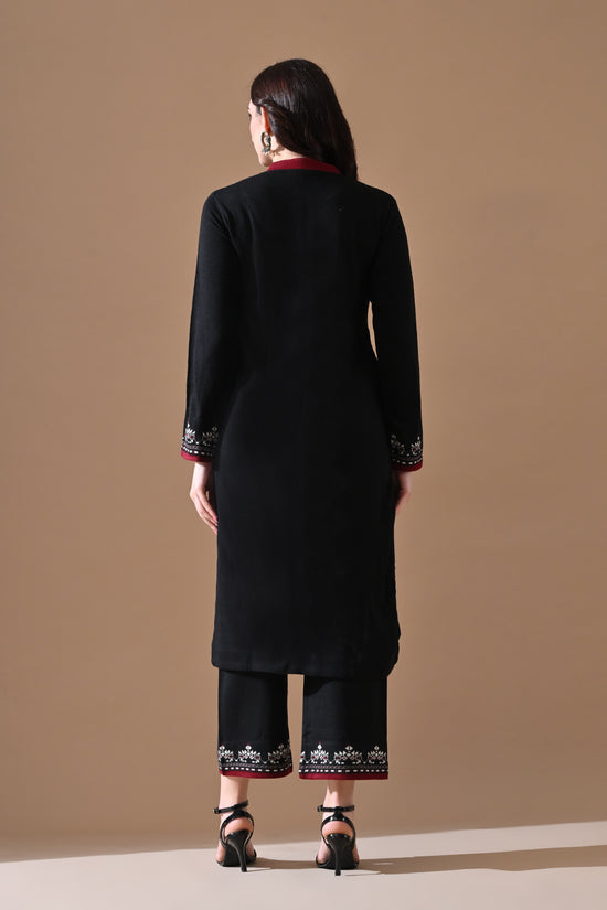 Winter Black Solid Woven Kurta 3 Pcs Set